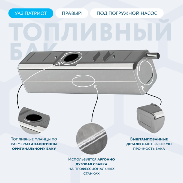 Алюминиевый бензобак 38 литров УАЗ Патриот правый (под погружной насос)